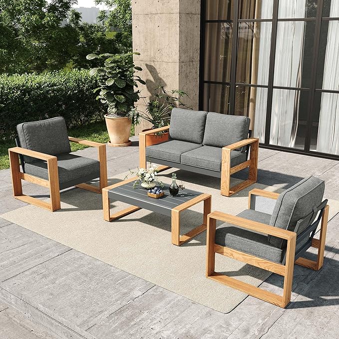4 Pieces Aluminum Patio Furniture Set, Outdoor Conversation Sets with High Backrest Sofa and Coffee Table for Garden and Backyard