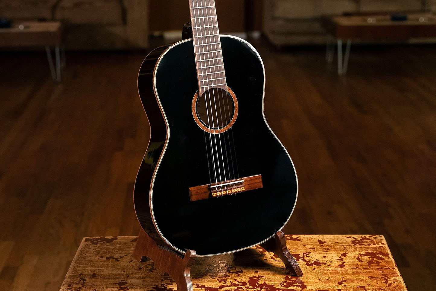 Ortega Guitars 6 Family Series Full Size Slim Neck Nylon String Classical Guitar W/Bag, Right, Spruce Top-Black-Gloss, (R221Bk)