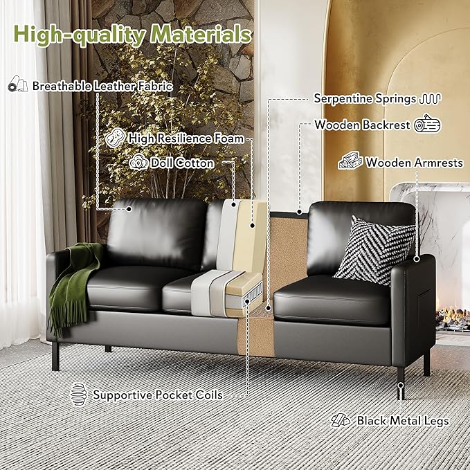 STHOUYN 72" W Faux Leather Black Sofa 3 Seat Couch, Modern Comfy Couch with 2 USB, Small Couches for Living Room Apartment Bedroom Small Spaces, Office(Black (Sofa))