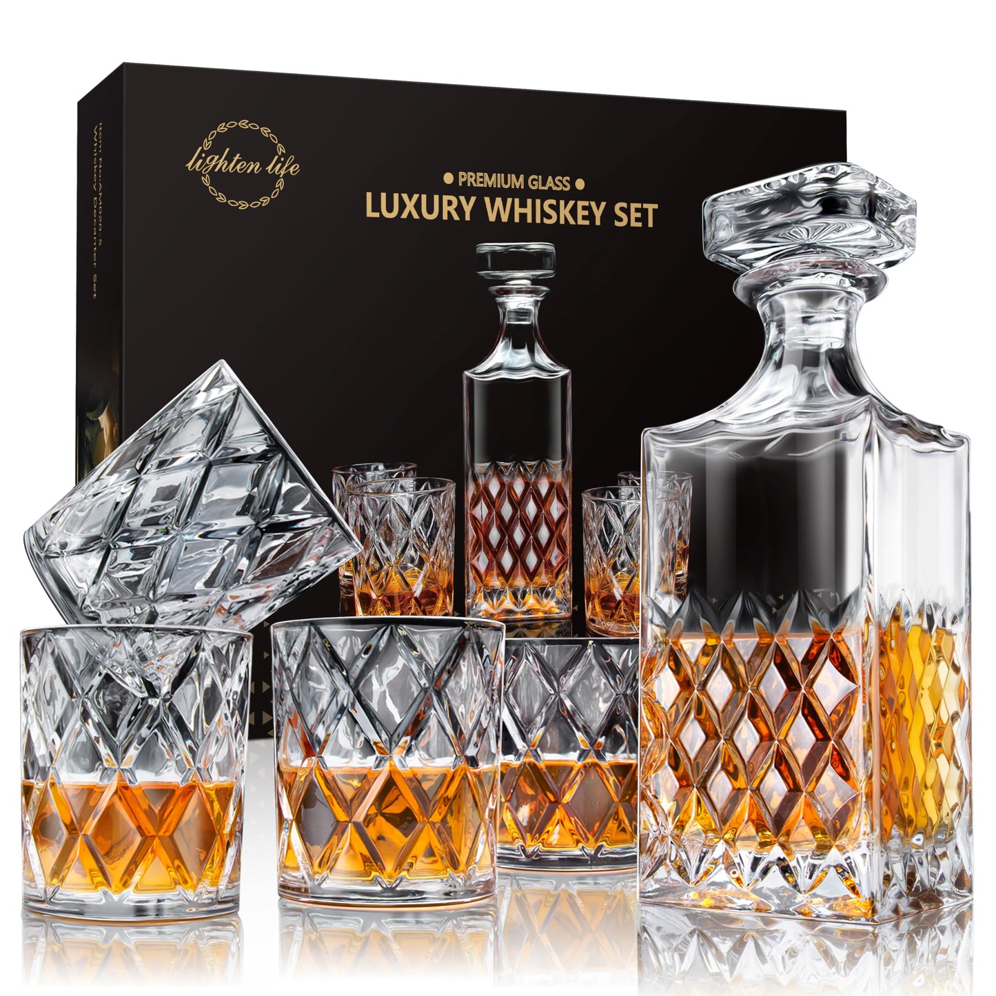 LIGHTEN LIFE Whiskey Decanter Set,Italian Style Decanter Set with 4 Glasses in Gift Box,Crystal Bourbon Decanter Set for Scotch,Liquor,Whiskey Decanter Set for Men and Women
