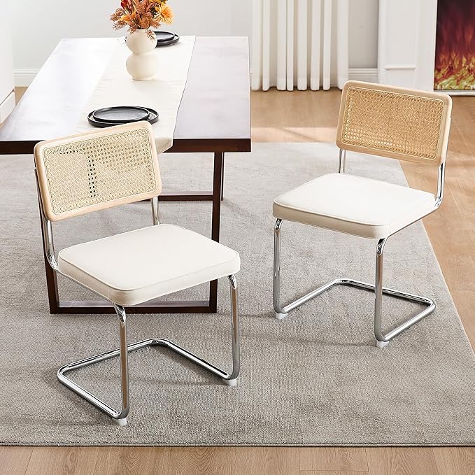 Zesthouse Rattan Dining Chairs Set of 6, Mid Century Modern Dining Room Chairs with Natural Cane Mesh & Chrome Base, White Cesca Chair Linen Fabric, Farmhouse Kitchen Chair with Solid Wood Frame Back