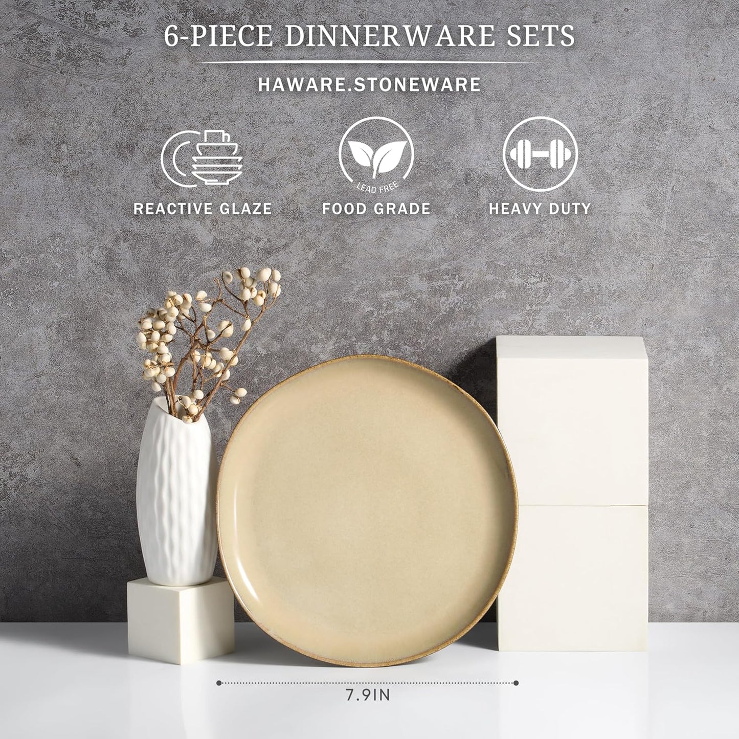 HaWare Stoneware Salad Plates Set of 6, 7.9” Heavy Duty Ceramic Plates, Reactive Glaze Dinnerware for Home Restaurant, Chip and Scratch Resistant, Microwave and Dishwasher Safe, Reactive Sandy Khaki
