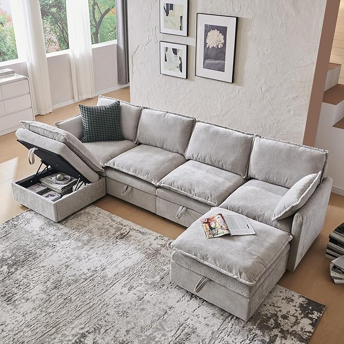 112.6" Sectional Couches for Living Room, Cloud Couch Sectional with Large Storage, U-Shape Modular Sectional Sofa with Ottoman, 6 Seater Chenille Sofa with Pillow for Apartment, Bedroom, Light Gery