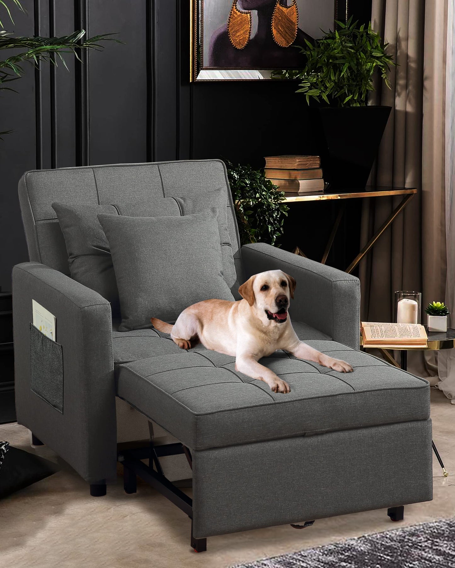 Litbird [Updated] Convertible Chair Sleeper Bed, Stepless Adjustable Backrest, Futon Chair Turns Into Bed, Sleeper Sofa for Living Room, 3 in 1, Linenette, Deep Gray