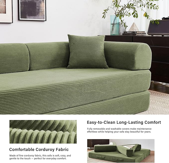 79" 5-in-1 Folding Convertible Sofa Bed, Oversized Corduroy Futon Floor Couch with Pull-Out Sleeper, Modular Boneless Loveseat for Small Spaces, Living Room, Bedroom (Light Green)