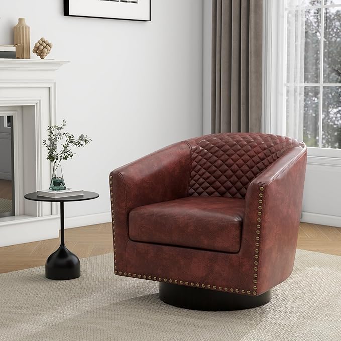 UIXE Faux Leather Swivel Accent Chairs Set of 2, Upholstered Barrel Club Chair for Living Room, Round Armchair Comfy Single Sofa Bedroom Reading Seat - Red Brown