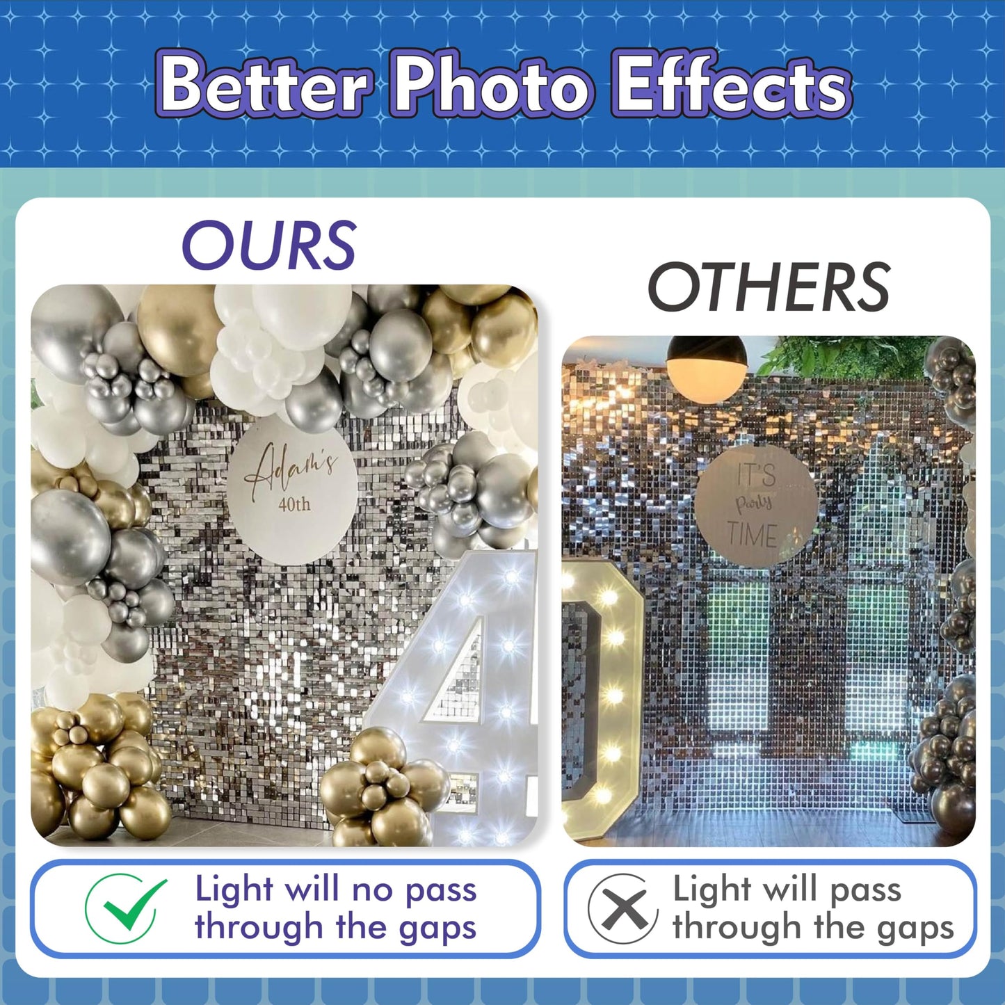 Qcity Light Gold Shimmer Wall Backdrop 48PCS, Black Back Not See-Through Design, Square Sequin Glitter Backdrop Panel, Perfect for Outdoor Events, Birthdays, Wedding and Party Decoration