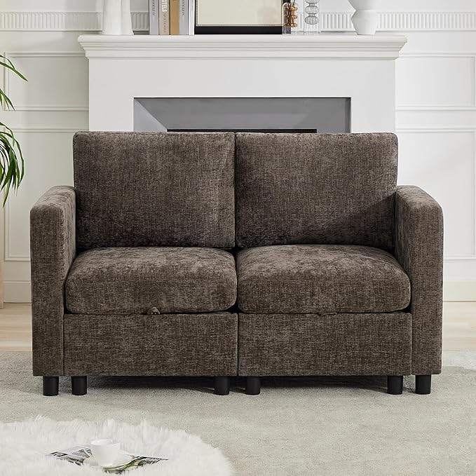 WUTUTUEE 58'' Modular Sectional Loveseat Sofa, Modern Love Seat 2 Seater Sofa Couch with Storage, Chenille Modular Sectional Couch for Living Room, Bedroom, Office, Small Apartment, Brown