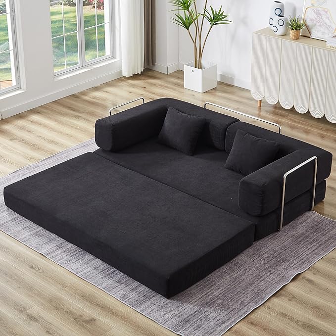 Convertible Couch Sofa Bed Foldable Floor Sleeper | All High-Density Foam | Fold Out Deep Seat Couch | King Size | Compression Sofa Sleeper for Living Room, Bedroom | Corduroy Black