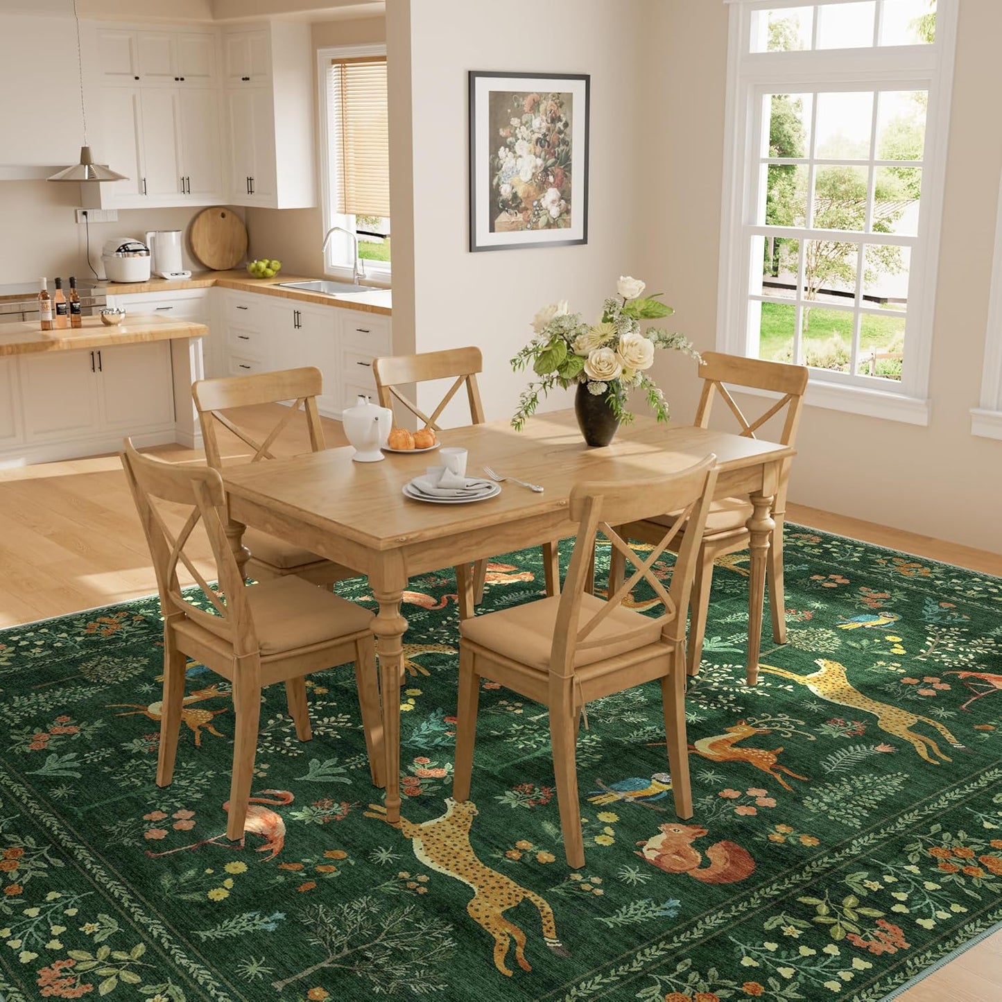 DUKINO 9x12 Rug, Washable Animal Living Room Rug with Non Slip Vintage Design, Soft Low Pile Large Carpet for Bedroom, Nursery, Dining Room, Farmhouse, Playroom, Green