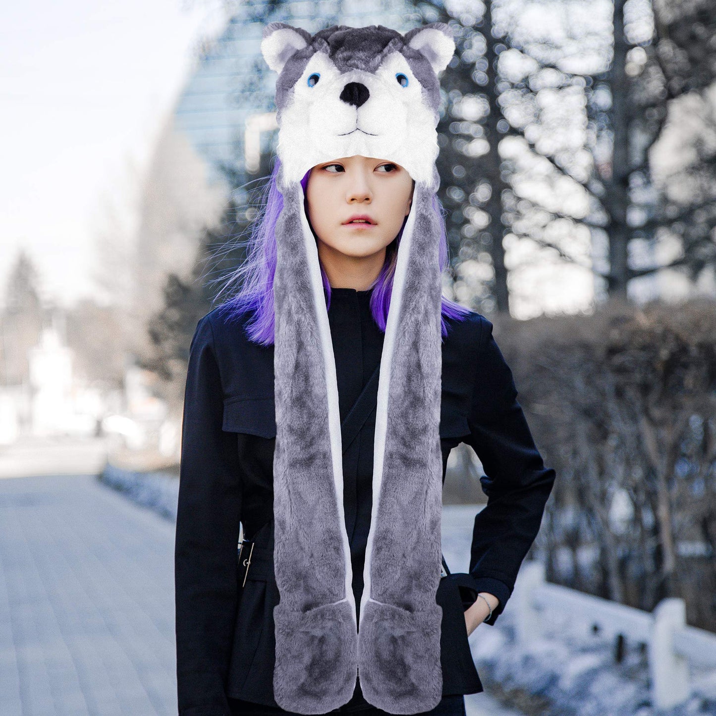 Super Z Outlet Cute Plush Animal Hat Winter Warm Winter Fashion Clothing Accessories (Husky/Wolf-Long)