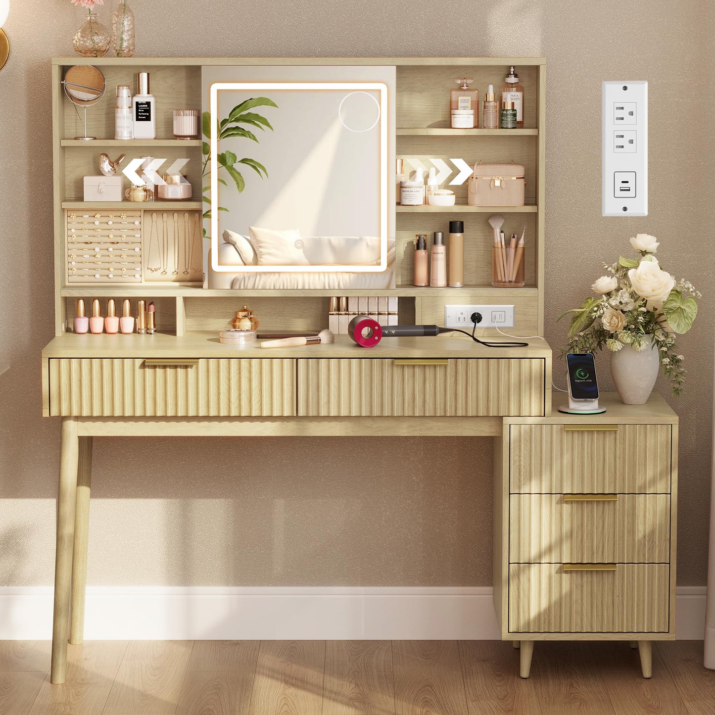 VASAGLE MAXE Collection - Vanity Desk with Sliding Mirror and Lights, Mid Century Modern Fluted Makeup Vanity with 10x Magnifying Mirror, Charging Station, Jewelry Storage, Oak Beige URDT139YC01S