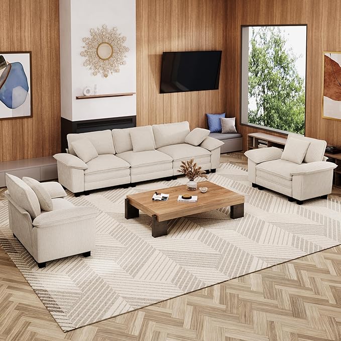 MIXPATIO Cloud Couch Sectional Sofa Set, Plush 24.4-Inch Deep 5-Seat Sectional with Velvety c& Removable Arms for Living Room and Apartment, Beige