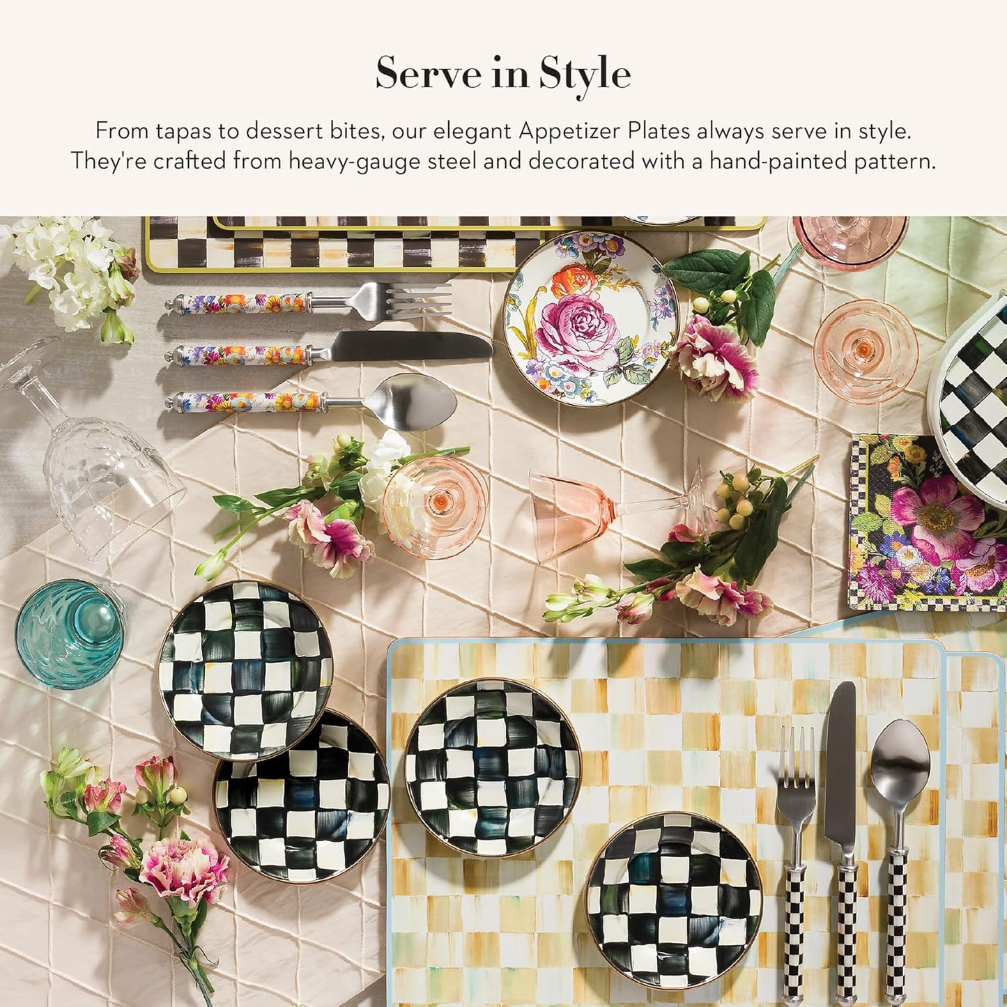 MACKENZIE-CHILDS Set of 4 Enamel Appetizer Plates, Mini Dessert Plates, 5 Inches, Black-and-White Courtly Check