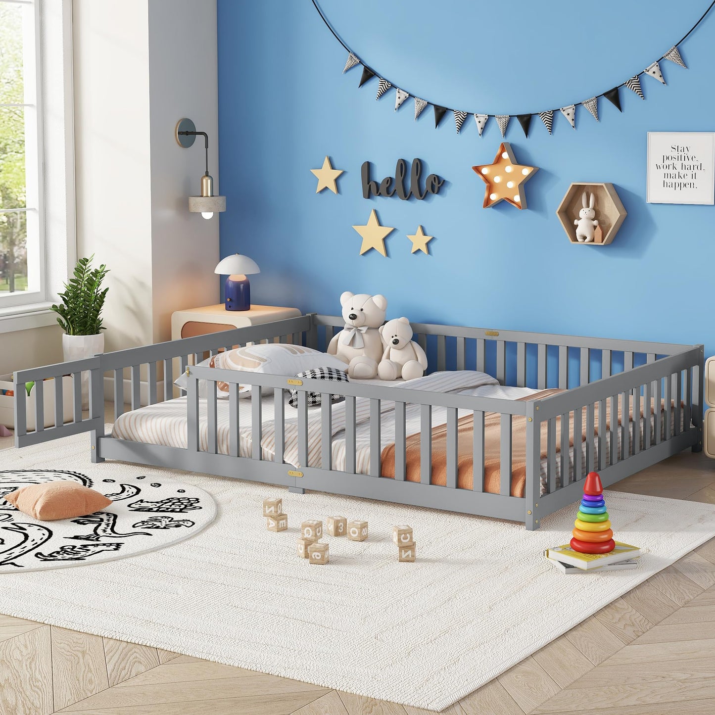 Aurnienofus Full Size Floor Bed Frame with Door and Fence,Montessori Floor Bed with Slats and Safety Guardrails for Girls Boys, Sturdy Wood Montessori Bed Frame, Grey