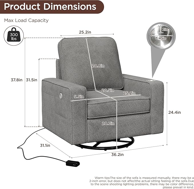 Swivel Square Accent Chair with Wide Armrests,360° Rotating Comfy Single Sofa Chairs with USB/Type-C,Cup Holder & Side Pocket,Modern Armchair for Living Room Bedroom Reading Lounge Nook,Light Grey | Swivel Accent Chair, with USB/Type-C, Cup Holder, Sid...