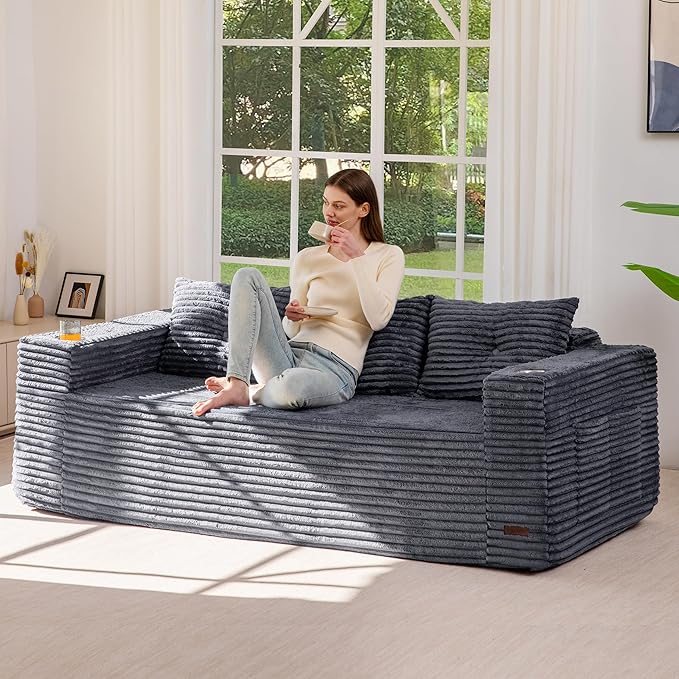 MAXYOYO 79" Oversized Boneless Loveseat Sofa Couch for Small Spaces, Mini Love Seat Floor Couch with Cup Holders and Pillows, 3-Seater Upholstered Cloud Couch for Bedroom, No Assembly Required