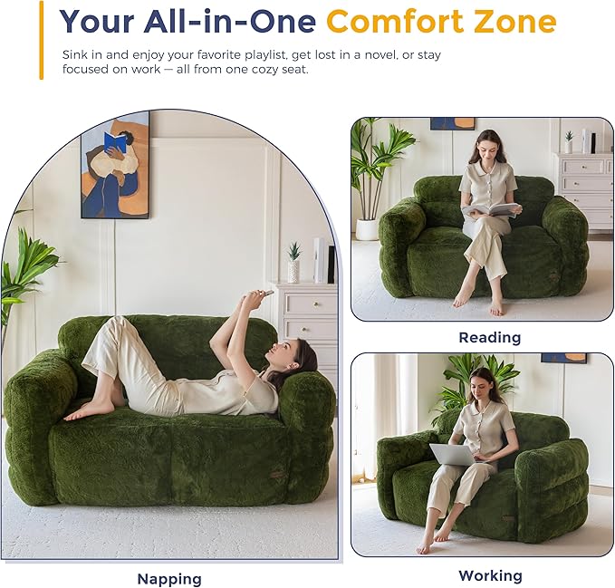 MAXYOYO Giant Bean Bag Chair for Adults, Ultra Soft Fluffy Loveseat Bean Bag Sofa, Oversized Floor Sofa for Living Room Bedroom, Cozy Reading Chair with Filler, Green