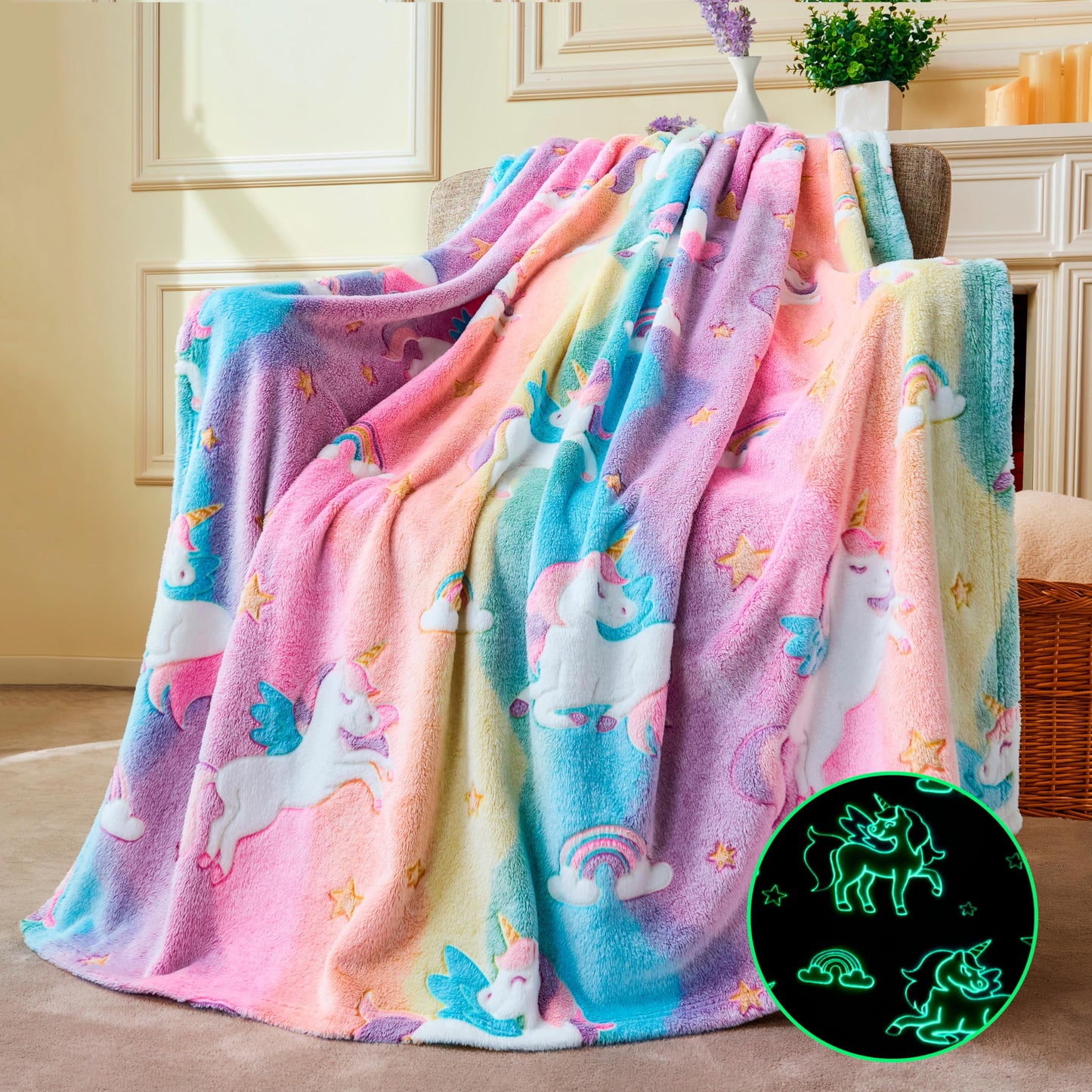 Joiedomi Glow in The Dark Blanket - Unicorns Gifts Toys for Girls Age 2 3 4 5 6 7 8 9 10 11 12 Year Old - Soft Cozy Flannel Kids Throw Blanket, Birthday Bedroom Decor 50"×60"
