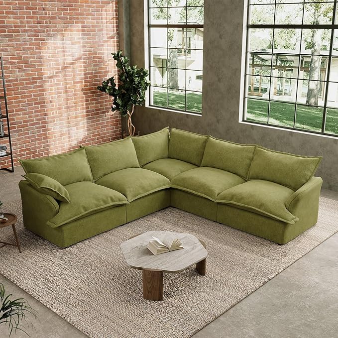 Intuition Decor Modular Convertible Cloud Sectional Sofa,182.6" Large Sofa Set for Living Room,5 Seat V-Shaped Modern Down Fill Sectional Sofa Fabric Modular Couch with Corner,Green