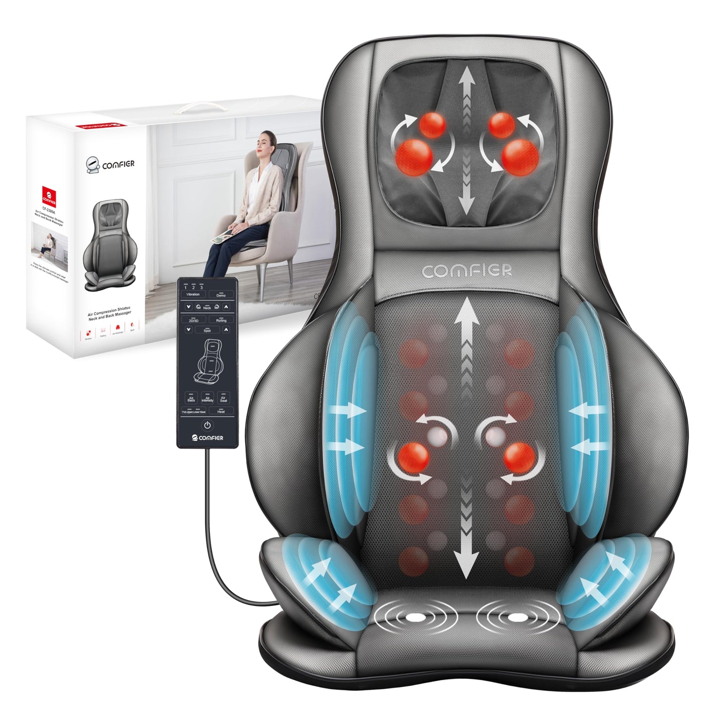 COMFIER Massager Chair with Heat, Shiatsu Neck Back Massager Portable with Compression & Rolling,Massage Chair Pad for Neck & Back for Muscle Tension Relief, Father Day Gift