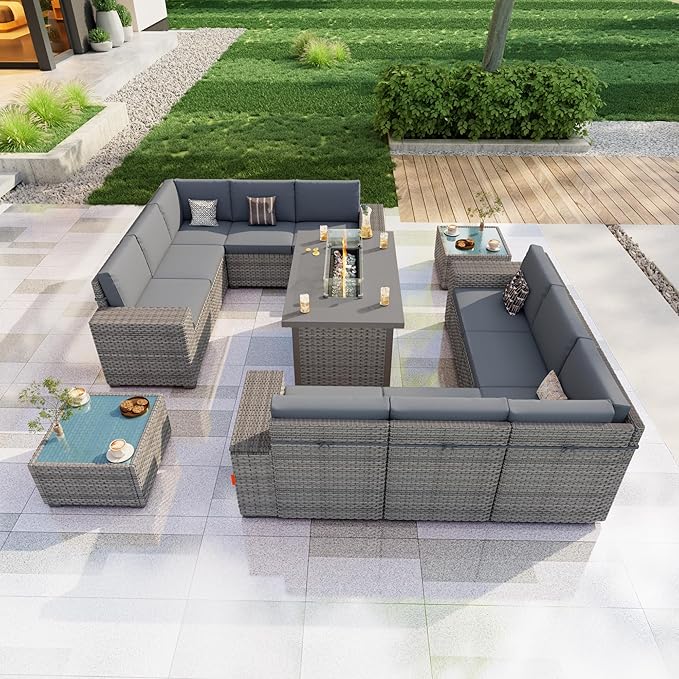 PCSXDSW 13-Piece Outdoor Patio Furniture Set, Rattan Wicker Conversation Set with Wide Armrests, Outdoor Modular Sectional Couch Seating Group Sofa with Fire Pit for Deck Garden Porch (Gray Cushions)