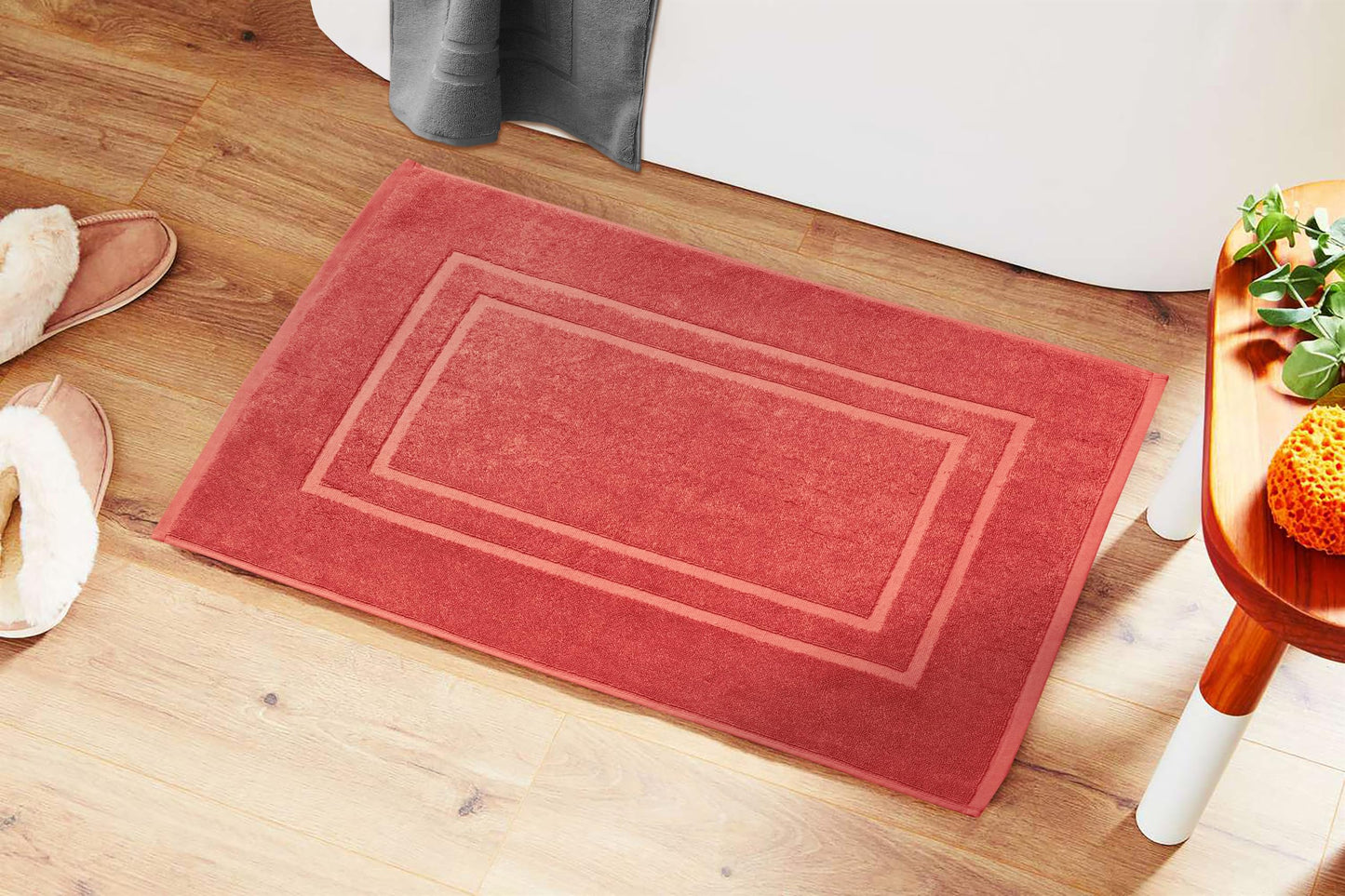 Feather & Stitch 2 Piece Towel Like Bath Mats (30x21 Inch) 100% Cotton Terry Mat for Hotel, Spa, Shower Floor Mats [NOT A Bathroom Rug], Soft Absorbent Washable Mats - Coral