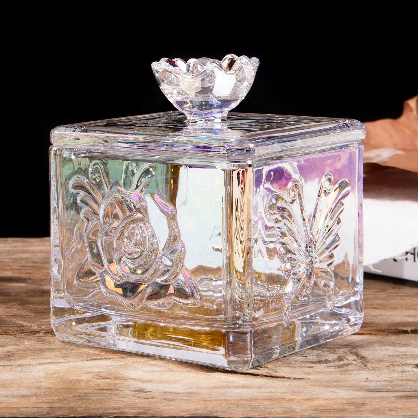 LWXPAIYY Iridescent Glass Candy Dish with Lid,Small Cute Irised Clear Embossed Glass Candy Jar with Lid,Candy Dishes Bowl with Lids,Crystal Decorative Candy Dish Jar for Office Desk(Iridescent)