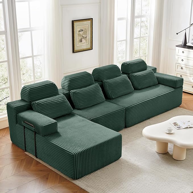 136" L-Shaped Cloud Modular Sectional Sofa with Chaise & Headrest, Boneless Deep Seat Plush Corduroy Couches for Large Living Room, No Assembly Required (Green, 136" L-shapred Chaise)