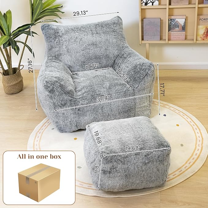 Cvortll Bean Bag Chair with Ottoman, Armrest Bean Bag Chairs with Filler, Ultra Soft Fluffy Faux Fur Bean Bag Chair with Foot Rest, Plush Lazy Sofa with Foot Stool for Living Room, Dorm