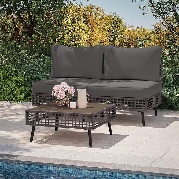 LAUSAINT HOME 3 Pieces Outdoor Sectional Sofa Set, All-Weather PE Wicker Rattan Patio Conversation Set with Thick Cushions & Coffee Table, Patio Furniture Set for Garden, Backyard, Porch (Grey)