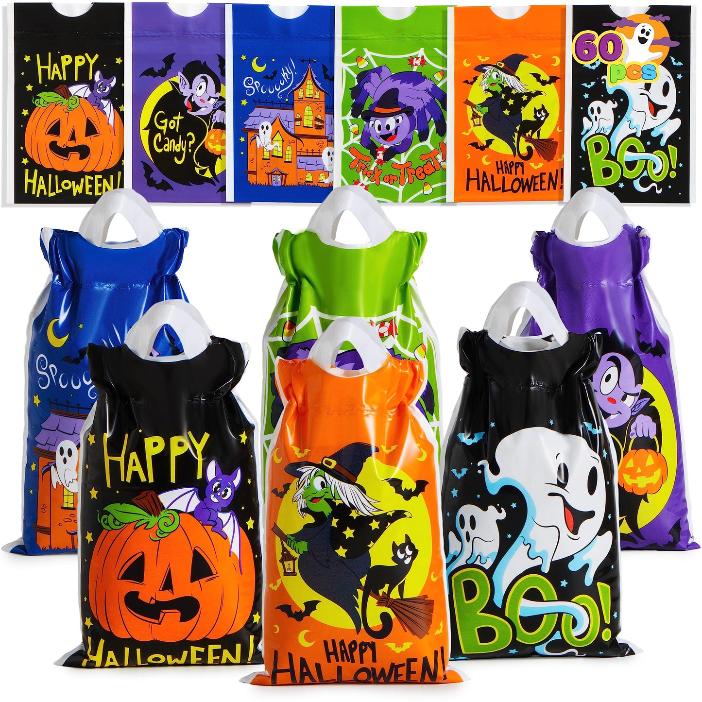 JOYIN 60 PCS Halloween Drawstring Treat Bags, Goodie Candy Trick or Treat Bags Bulk, 6 Design Goody Bag for Trick or Treating, Small Plastic Snack Gifts Bag for Kids Halloween Party Favors Supplies