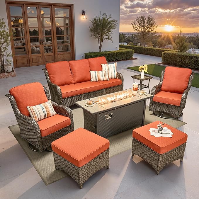 ovios 7 Pieces Patio Furniture Set, Outdoor Wicker Sofa Couch with Swivel Chairs 54" Fire Pit Table, High Back Modern All Weather Conversation Sets, Brown Rattan, Orange Red