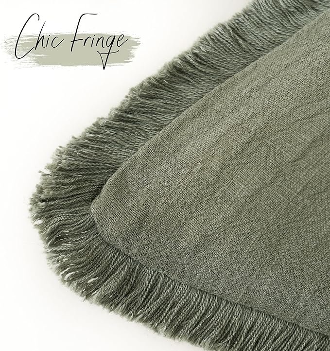 Foindtower Set of 2 Decorative Linen Fringe Throw Pillow Covers Cozy Boho Farmhouse Cushion Cover with Tassels Soft Accent Pillowcase for Couch Sofa Bed Living Room Home Decor, 24×24 Inch, Olive Green