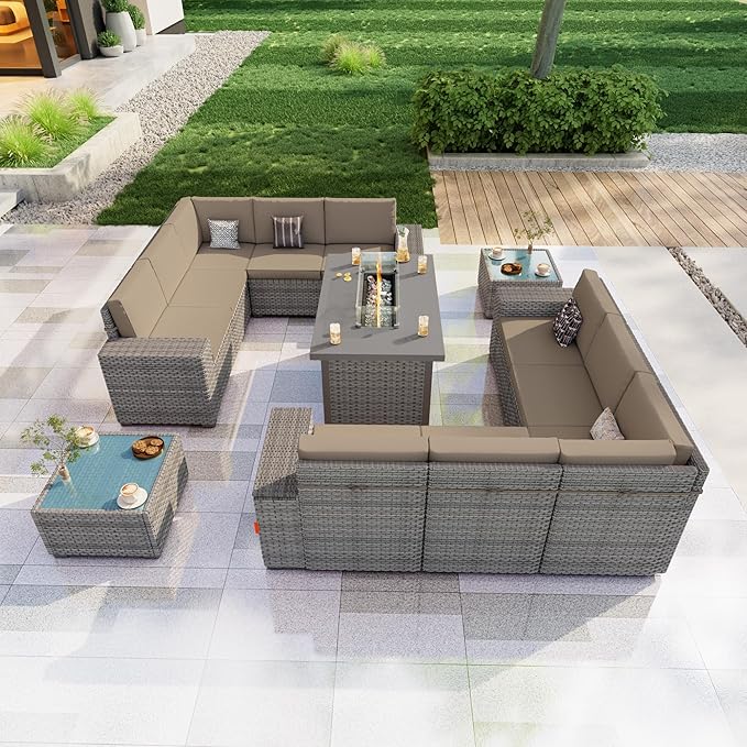 13 Pieces Patio Furniture Set, Outdoor Modular Sectional Couch Conversation Set with Wide Armrests, Wicker Seating Group Sofa with Coffee Table and Fire Pit for Backyard Balcony (Khaki Cushions)