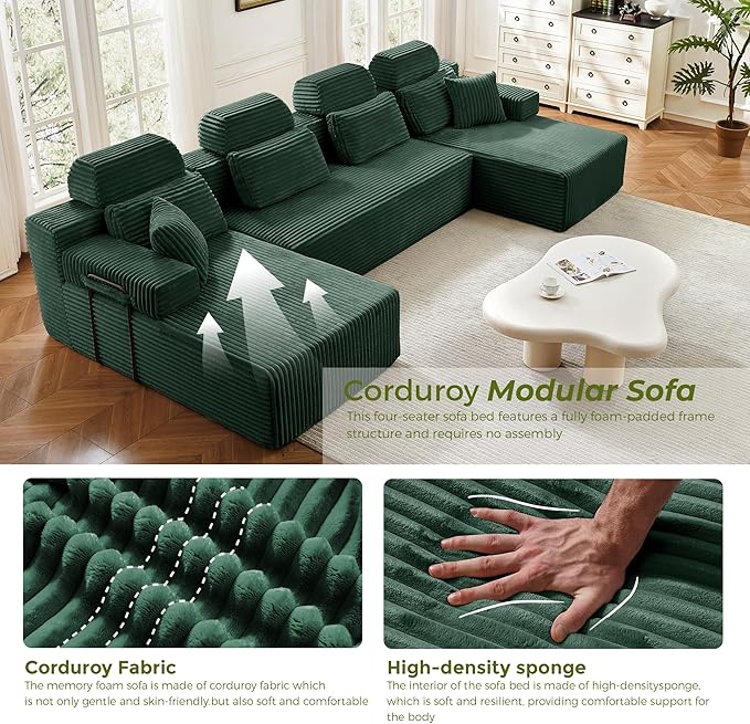 141" U-Shaped Cloud Modular Sectional Sofa with Chaise & Headrest, Boneless Deep Seat Plush Corduroy Couches for Large Living Room, No Assembly Required (Green, 141" U-shapred Chaise)