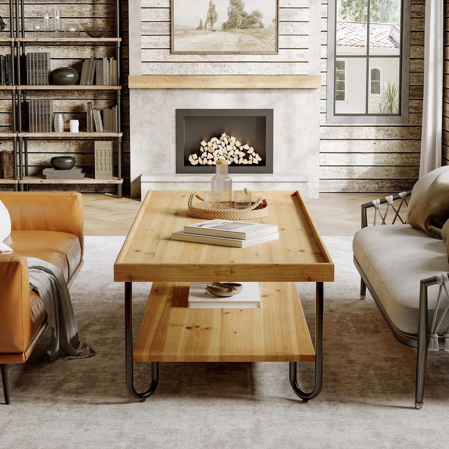 TRIBEWOOD 47.24-Inch Solid Wood Coffee Table, 2-Tier Rectangular Center Table with Curved Metal Legs, Industrial Cocktail Tea Table with Storage Shelf for Living Room, Apartment (Light Brown)