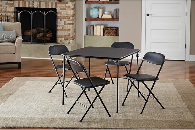 Plastic Development Group, 5-Piece Card Table Set, Chair Seats with Comfortable Foam Pad Black