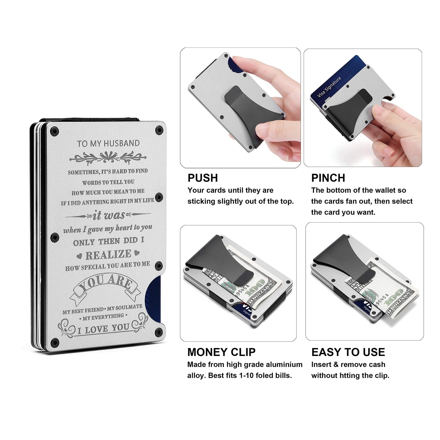 To My Husband Gift | Men Minimalist Personalized Engraved Metal Wallet from Wife | Custom Love Message Slim Aluminum Card Holder with Money Clip | Christmas Birthday Anniversary Valentines Day Wedding