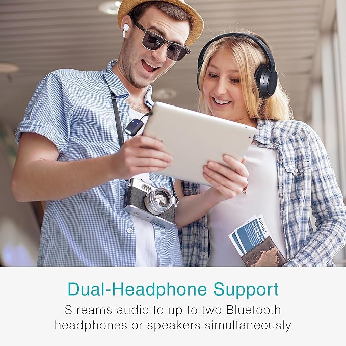 MEE Audio Connect Air in-Flight Bluetooth Wireless Audio Transmitter Adapter for up to 2 AirPods/Other Headphones; Works with All 3.5mm Aux Jacks on Airplanes, Gym Equipment, TVs, & Gaming Consoles