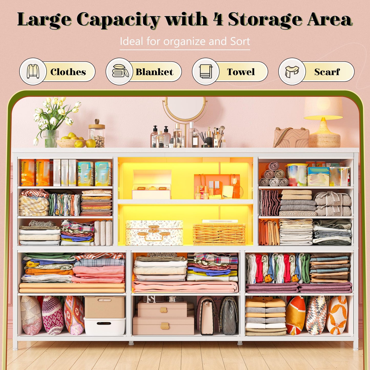 EnHomee White Dresser for Bedroom with 12 Drawers, Fabric Bedroom Dresser with LED Lights & Power Outlets Long Dressers & Chest of Drawers, Sturdy Metal Frame for Closet, Living Room, Hallway