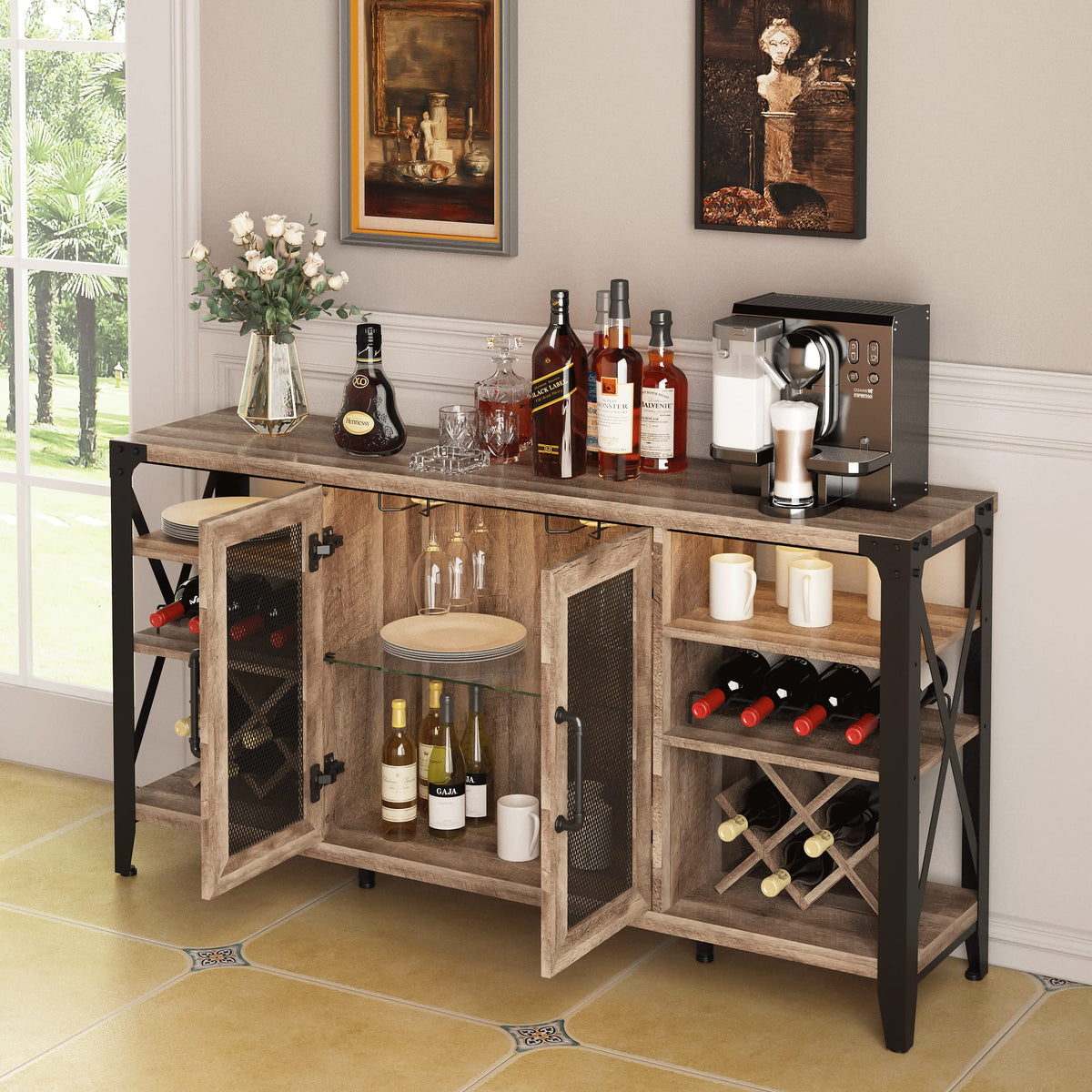 Vabches 58" Wine Cabinet with Wine Rack Storage,Home Bar for Liquor and Glasses, Farmhouse Coffee Bar Cabinet, Liquor Cabinet for Home Living Room Dining Room