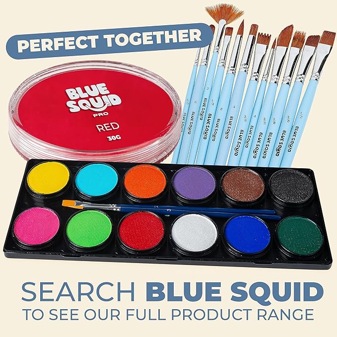 Blue Squid Face Paint Water Based Single Cake Professional Face Paint & Body Paint - Water Activated, Kids Adults Face Painting for Costume, Halloween Makeup, Cosplay - Classic Red Face Paint 30g