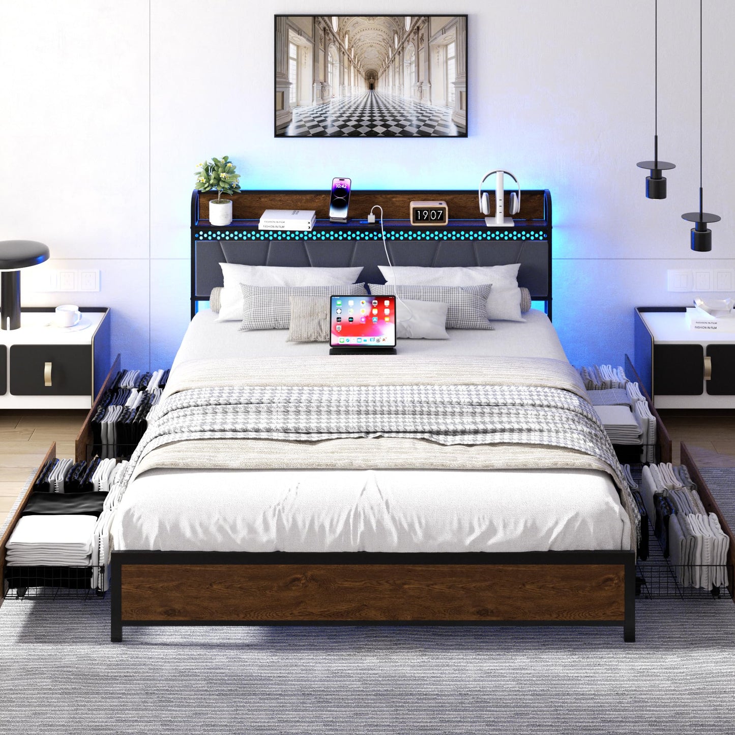 viplov Full Size Bed Frame with Storage Headboard, Metal Platform Bed & 4 Drawers, Built-in Charging Station & LED, Noise-Free, Metal Support, No Box Spring Needed