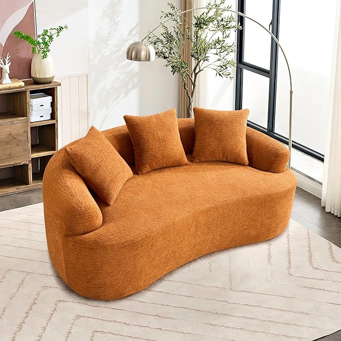 65'' Modern Curved Cloud Loveseat Sectional Sofa for Small Spaces, Luxury Plush Chenille Deep Seat Couch with 3 Pillows, No Assembly Needed Apartment Living Room Furniture, Orange