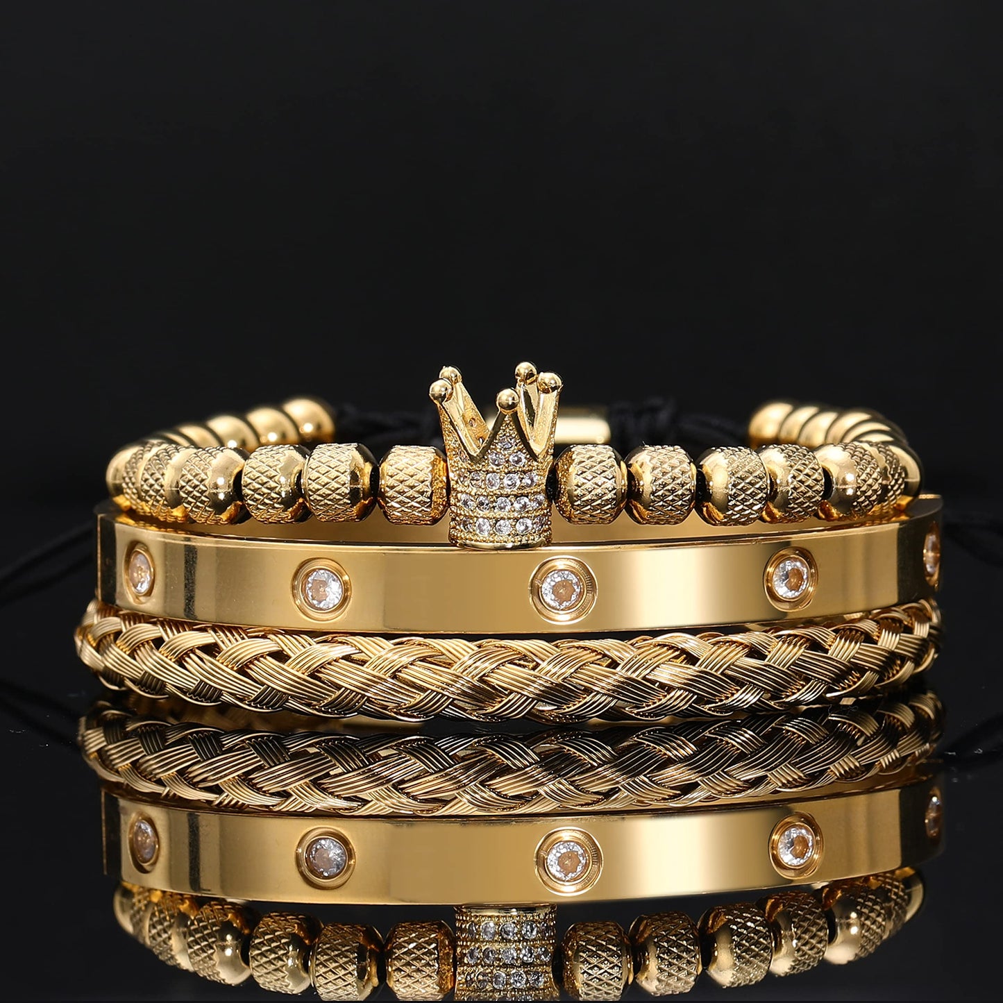 WFYOU 3PCS Stainless Steel Imperial Crown Bracelets for Men Gold Roman Numeral Bangle Bracelet Adjustable Cuff Bracelet Mens Luxury Jewelry Gifts (01:Gold-Cubic Zirconia)