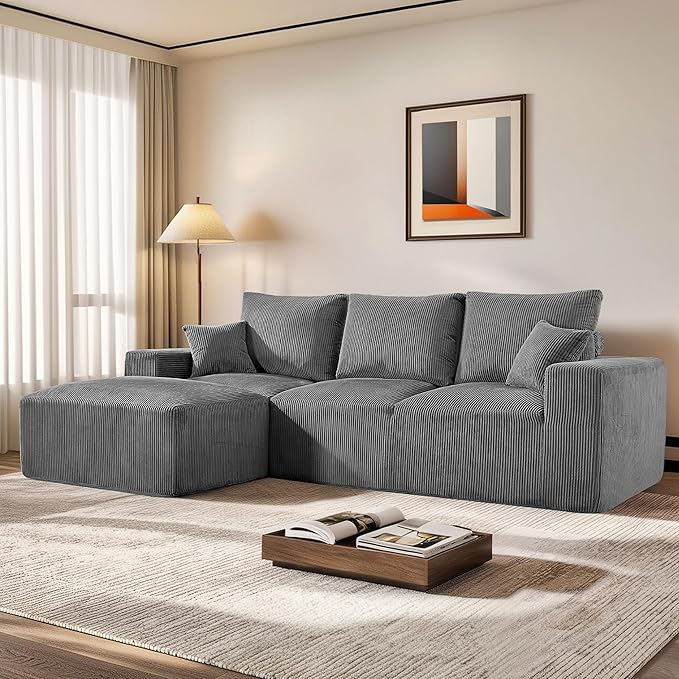 108" Modular Sectional Sofa, Compression Sofa with Deep Seat, Modular L-Shape Couch with Chaise, Upholstered Couches for Living Room Bedroom, No Assembly Required (Grey Corduroy, 108" L Shape)