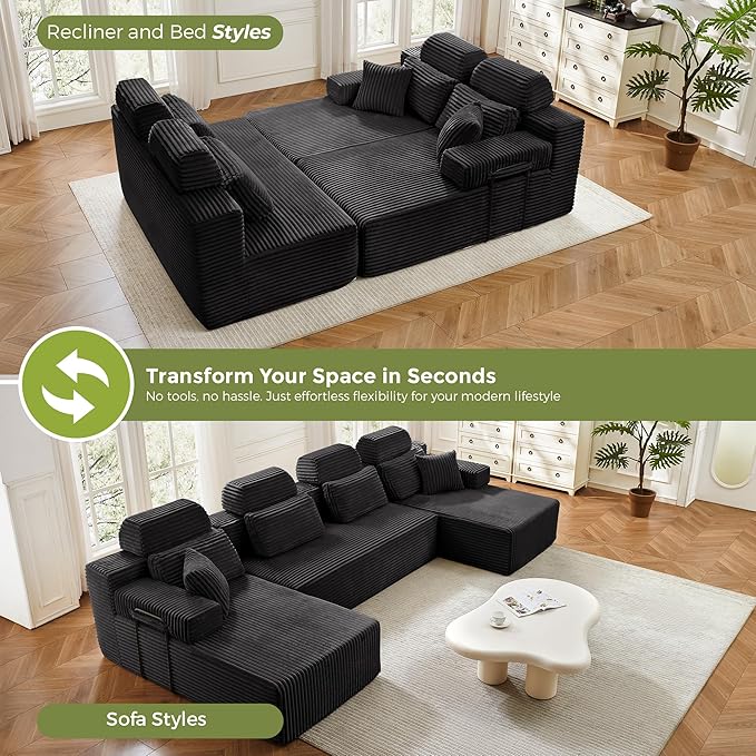 141" U-Shaped Cloud Modular Sectional Sofa with Chaise & Headrest, Boneless Deep Seat Plush Corduroy Couches for Large Living Room, No Assembly Required (Black, 141" U-shapred Chaise)
