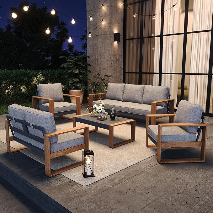 4 Pieces Aluminum Patio Furniture Set, Outdoor Conversation Sets with High Backrest Sofa and Coffee Table for Garden and Backyard