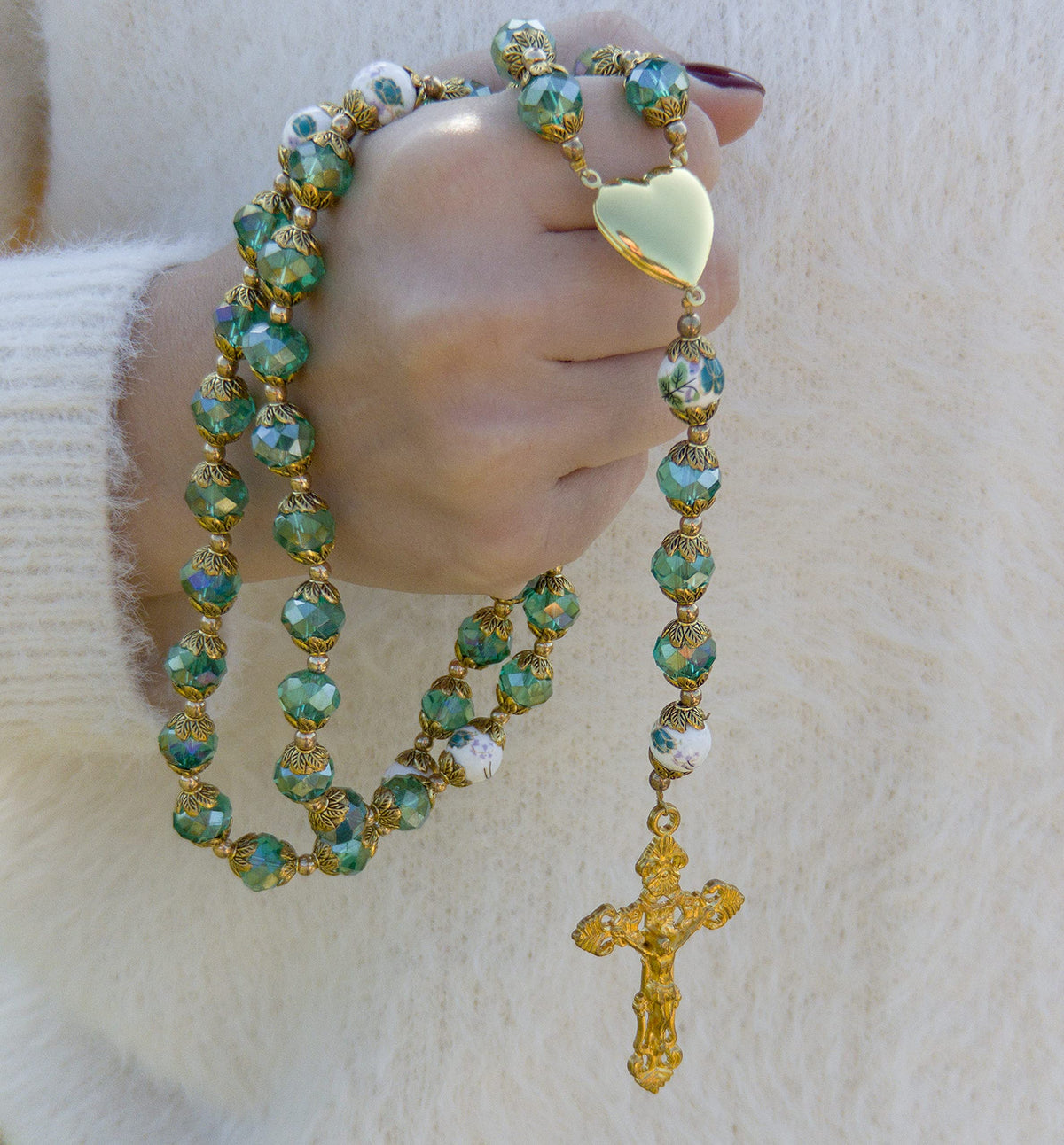 Nazareth Store Catholic Green Crystal Beads 10mm Gold Rosary Flowers Beaded Necklace Miraculous Heart Locket Medal & Cross Relig